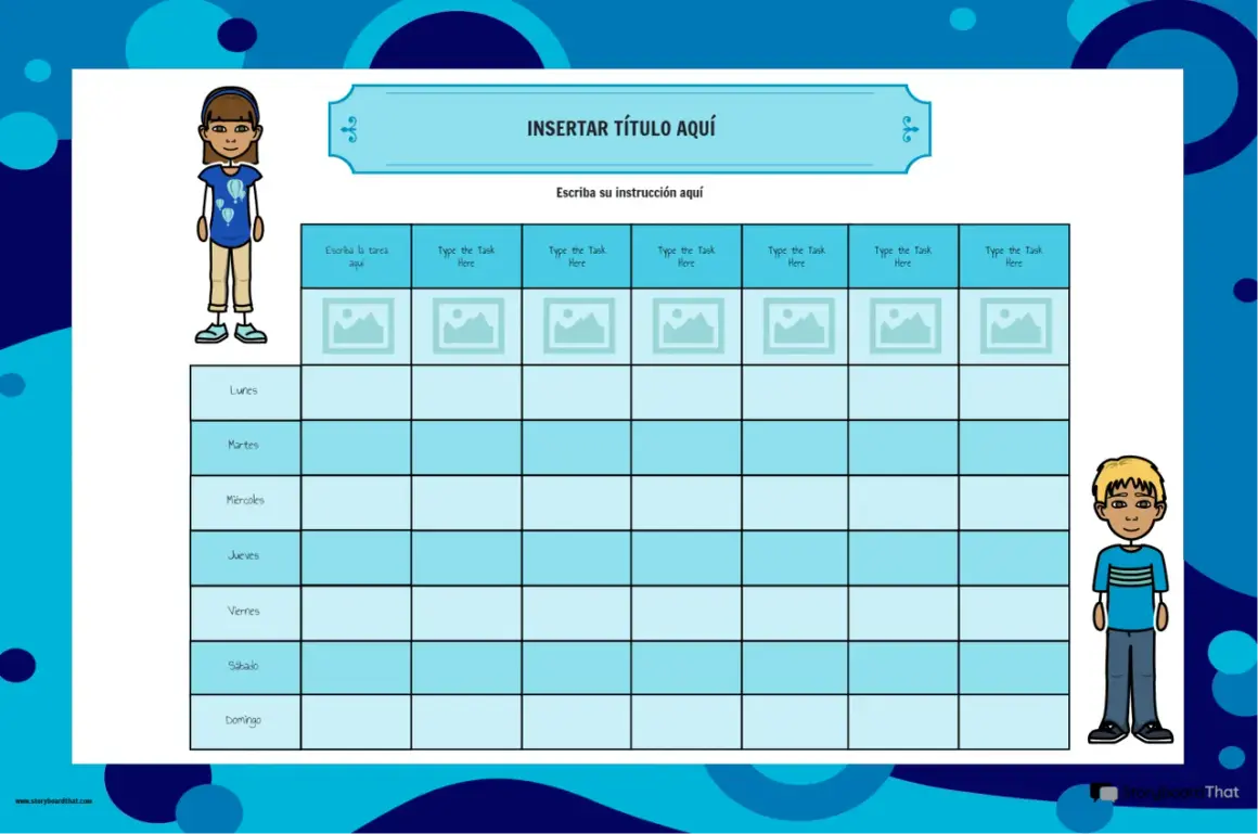 Plantillas imprimibles para organizar tareas semanales. Incluye espacios para título, instrucciones, días de la semana y tareas diarias.
