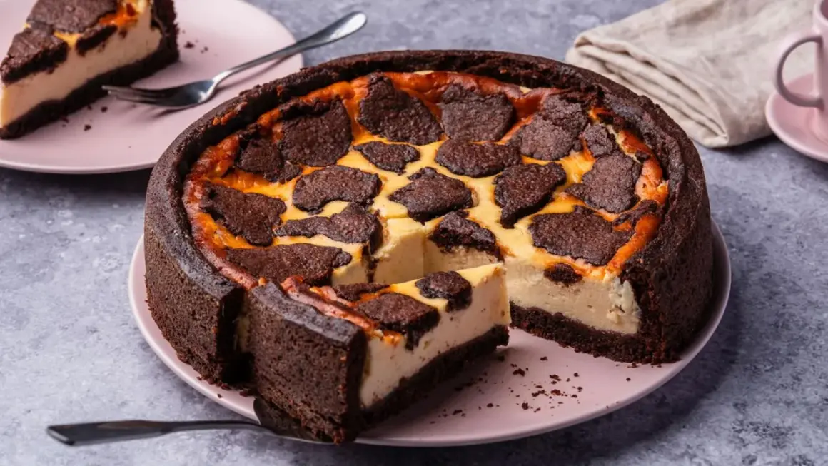 Ein saftiger russischer Zupfkuchen von Sally, mit dunklem Schokoboden und cremiger Füllung, belegt mit zupfartigen Schokostückchen.