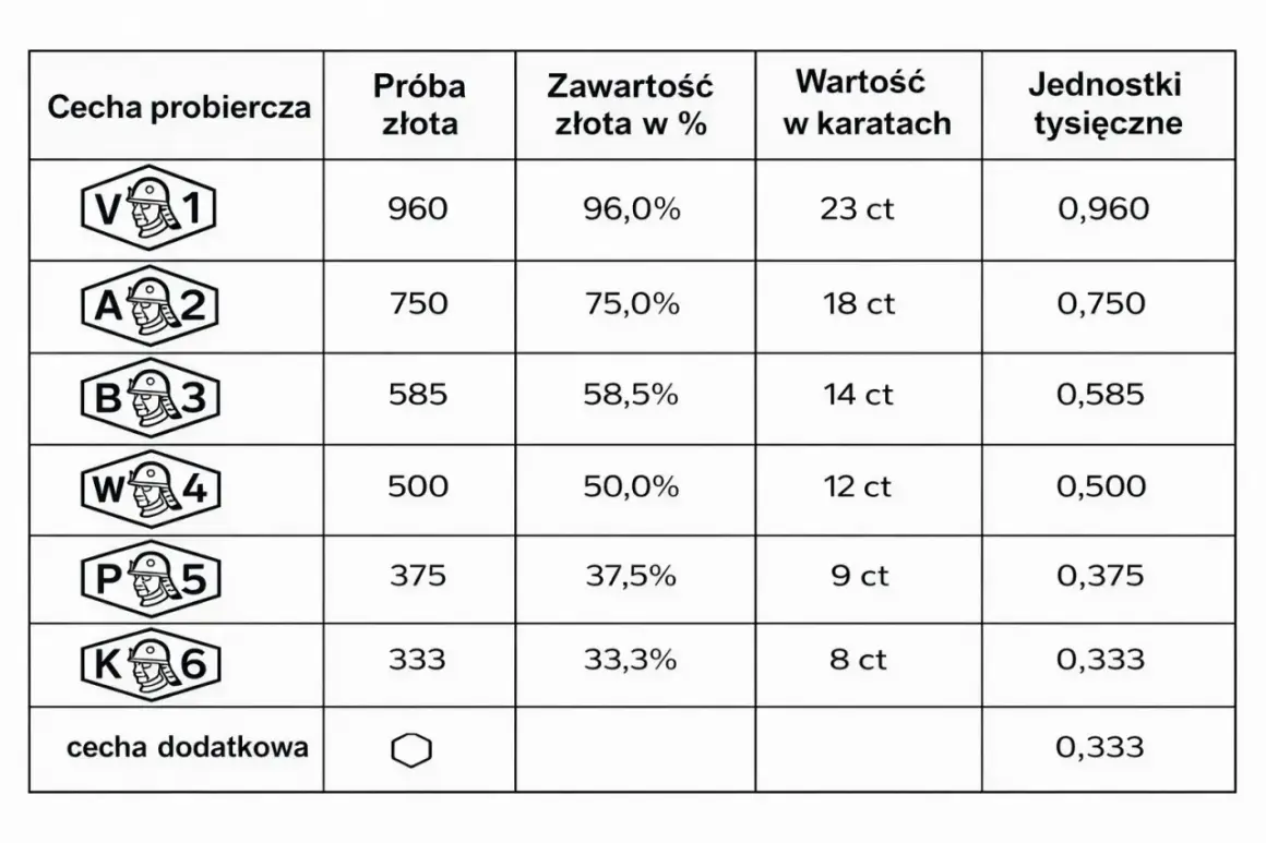 Tabela pokazuje, że złoto próby 333 (33,3% czystego złota) ma wartość 8 karatów i nie zmienia koloru, jest to najniższa próba.