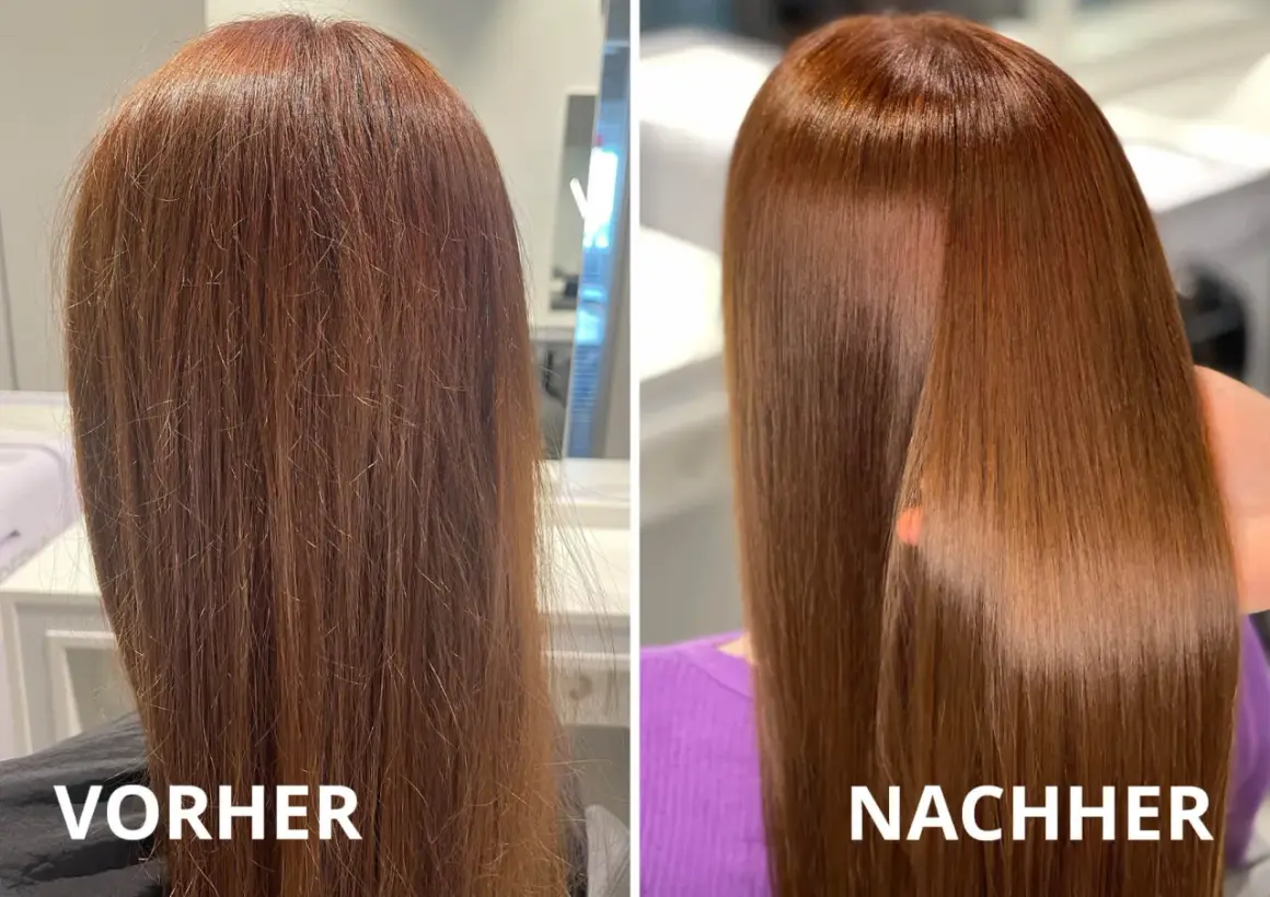 Vorher: extrem kaputte Haare, strohig und glanzlos. Nachher: seidig, glänzend und gesund aussehend.
