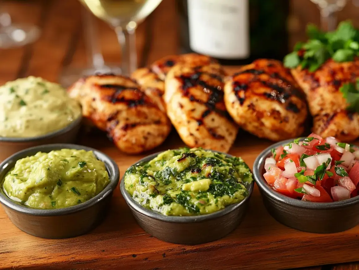 Grillad kyckling med tre olika såser: guacamole, grön ört-sås och pico de gallo. Perfekt sås till grillat för en somrig middag.