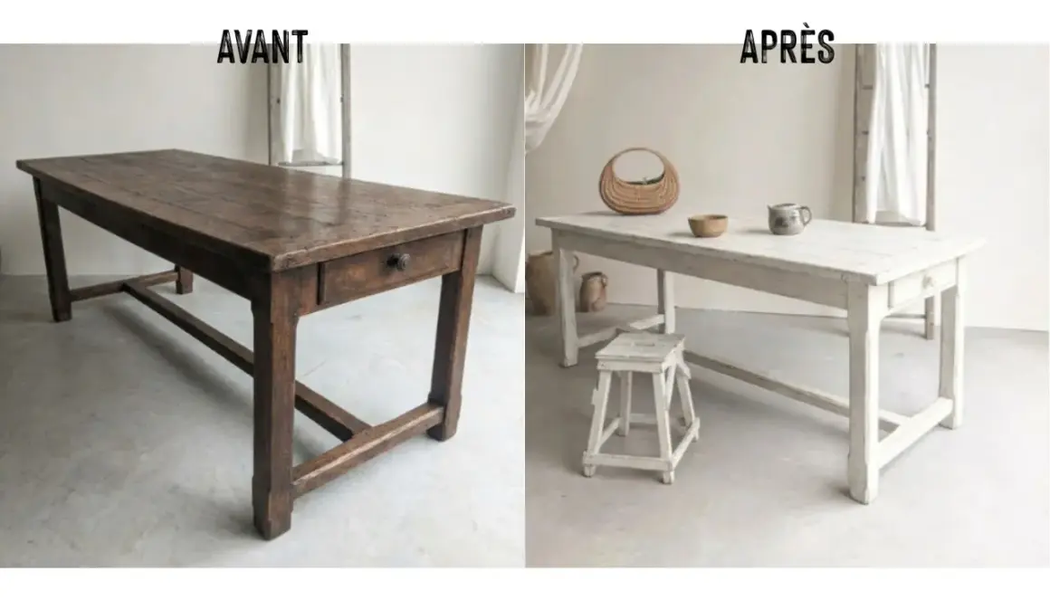 Avant/Après : une vieille table en bois sombre transformée pour moderniser une table en bois avec une finition claire et lumineuse.