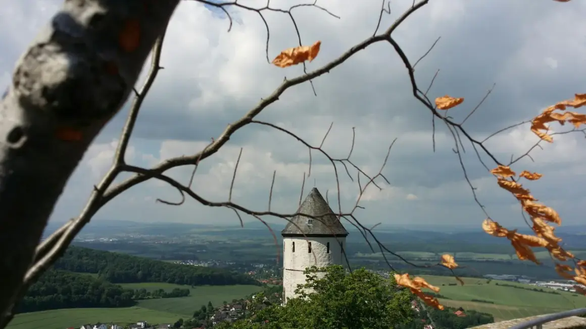 Blick durch kahle Äste auf die Burg Bielstein, ein weißer Turm mit grauem Dach ragt über grüne Hügel und eine Stadt.