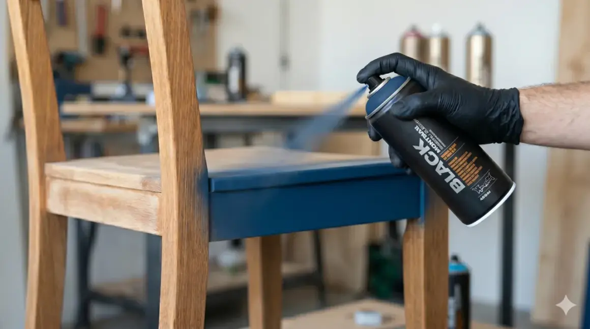 Main d'une personne portant un gant noir pulvérise de la peinture bleue sur un siège de chaise en bois, transformant un meuble mélaminé.