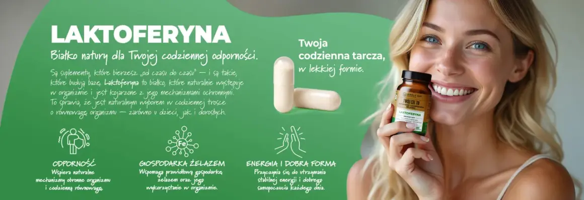 Laktoferyna co to? Białko natury dla odporności i gospodarki żelazem. Uśmiechnięta kobieta trzyma suplement.
