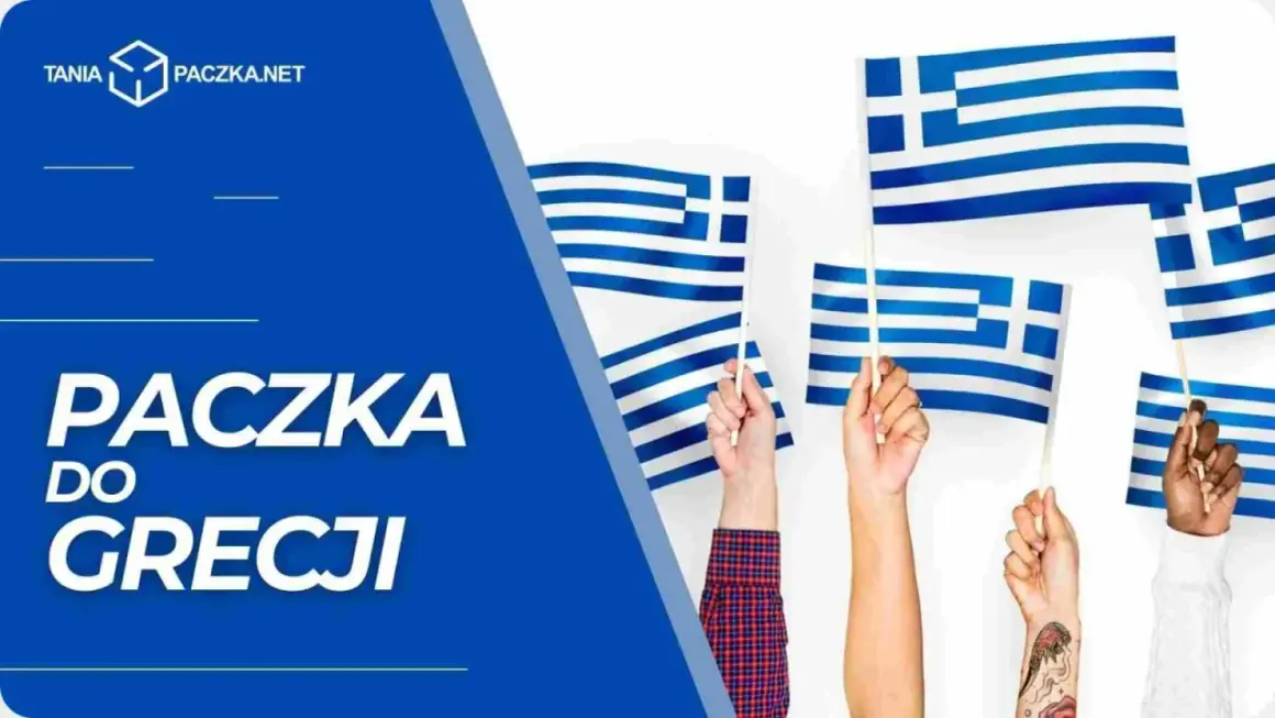 Wiele rąk trzyma greckie flagi. Napis "Paczka do Grecji" sugeruje wysyłkę.
