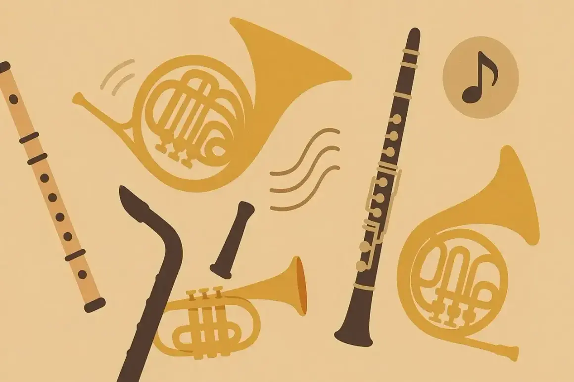 Instrumenty dęte blaszane i drewniane: flet, klarnet, trąbka i dwa rogi. Muzyka gra!