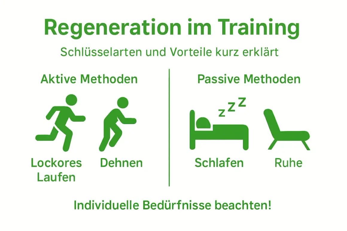 Regeneration im Training: Aktive Methoden (Laufen, Dehnen) und passive Methoden (Schlafen, Ruhe) sind wichtig für die Erholung nach Krafttraining.
