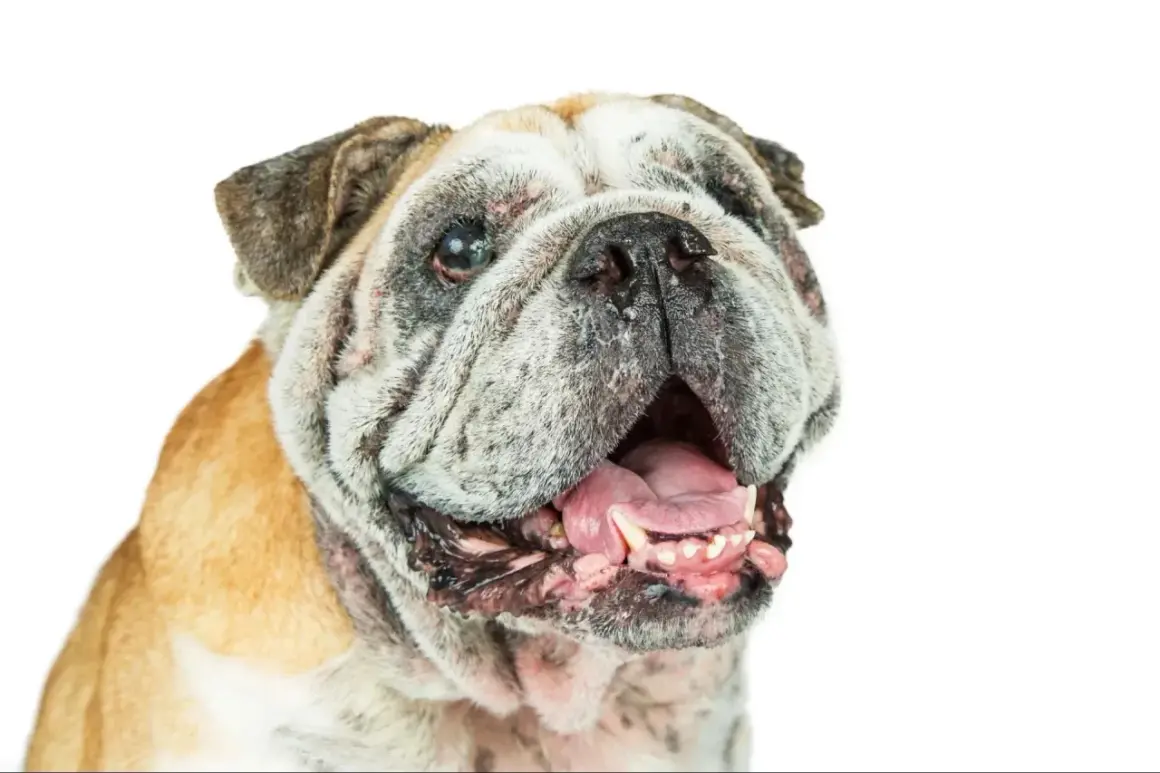 Un bulldog con ojos nublados, que podrían indicar que es uno de los perros ciegos, abre la boca mostrando su lengua rosada y dientes.