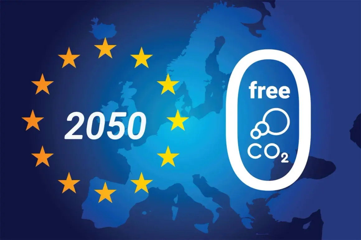 Mapa Europy z gwiazdami UE, napisem "2050" i symbolem "free CO2".