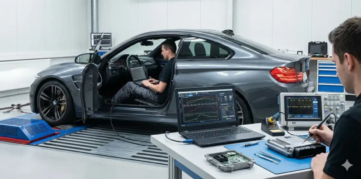 Taller de **que es tuning**: un coche en banco de potencia, un técnico en el asiento con portátil y otro soldando una centralita.