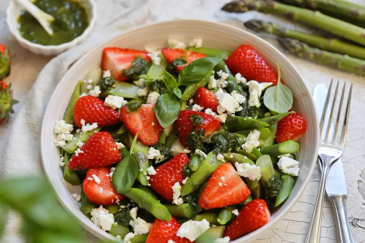 Frischer Spargelsalat mit Erdbeeren, Feta und Basilikum, beträufelt mit Pesto. Ein leichter Genuss für den Frühling.