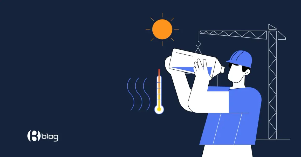 Operaio con casco beve acqua sotto il sole cocente, termometro indica alta temperatura. Attenzione al microclima ambiente di lavoro.