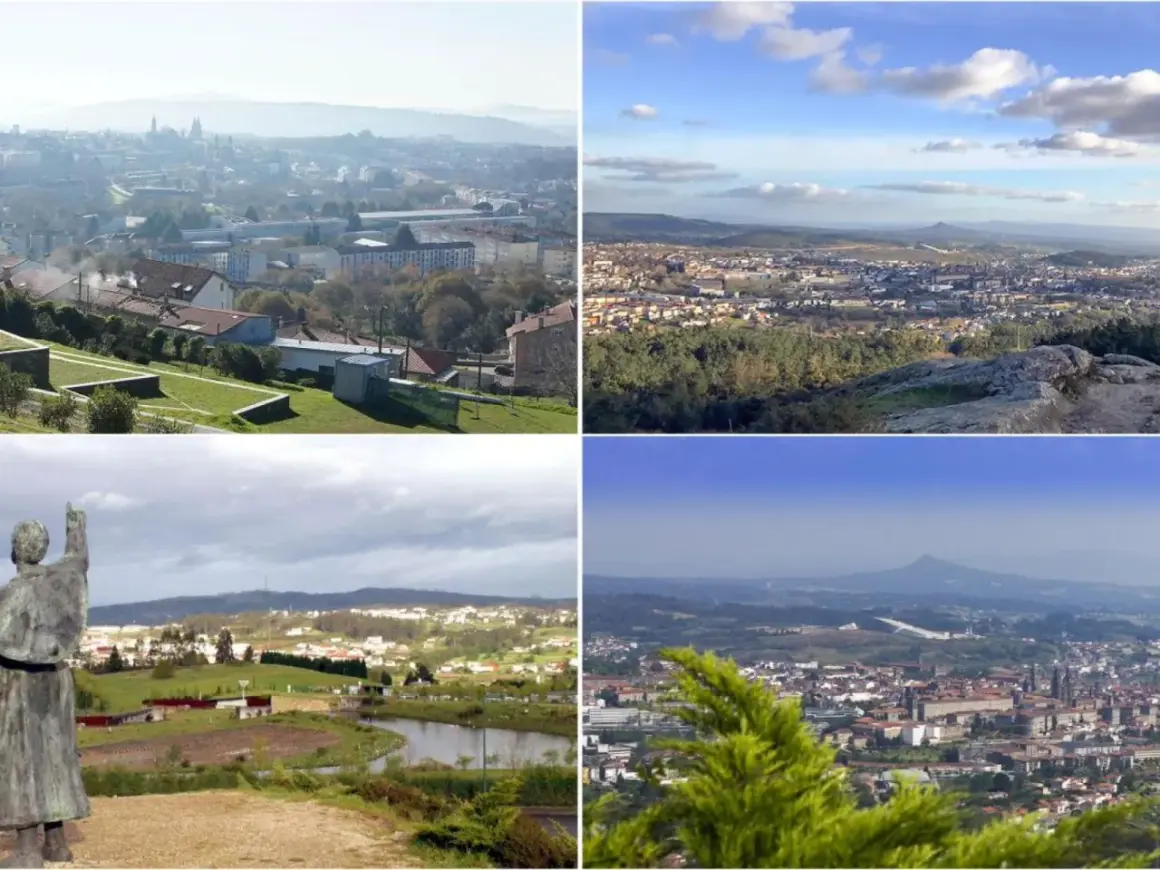 Vistas panorámicas de Santiago de Compostela desde el monte Pedroso, mostrando la ciudad y sus alrededores en diferentes condiciones climáticas.