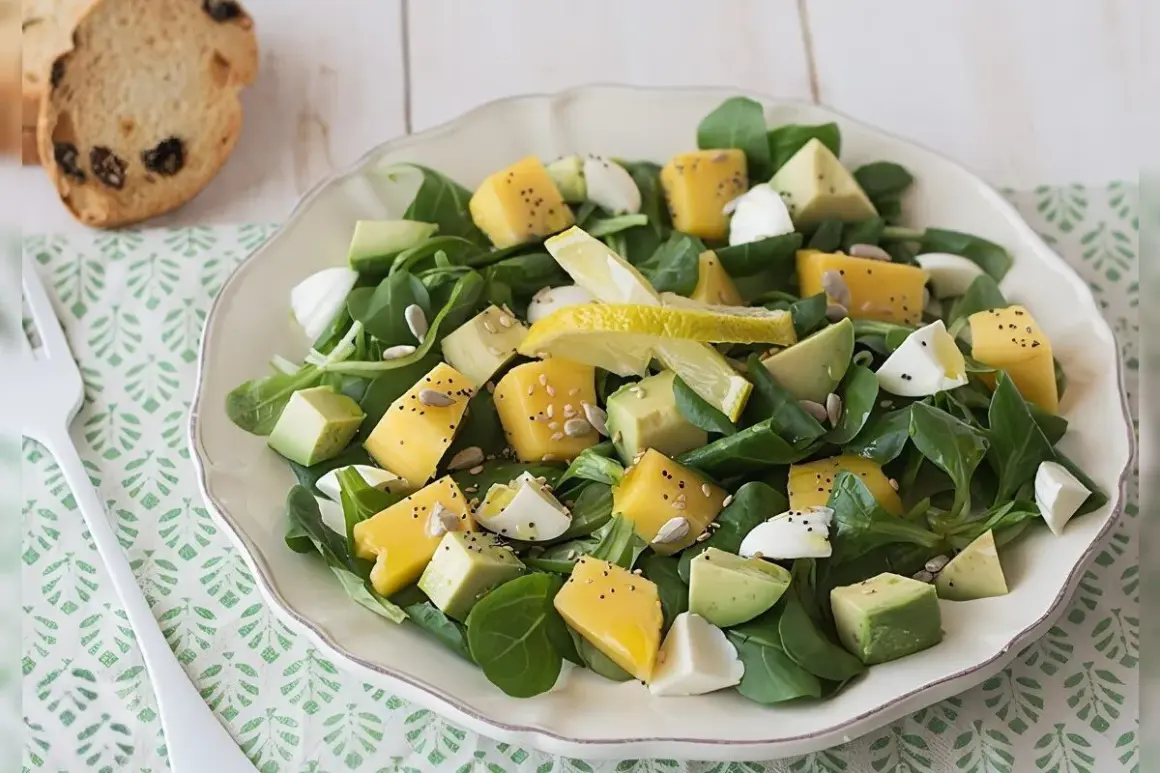 Deliciosa ensalada de lechuga con cubos de queso amarillo, aguacate, huevo cocido y semillas.