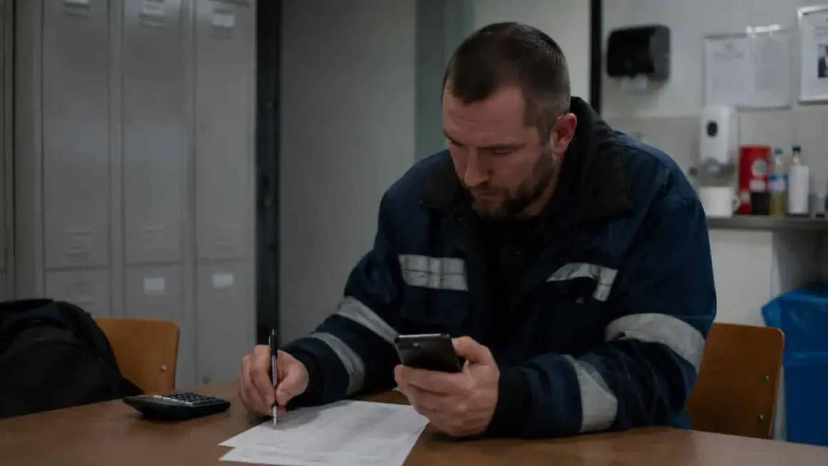 Pracownik w roboczym ubraniu sprawdza telefon, pisząc coś na papierze. Może to być rozliczenie za dodatek za drugą zmianę.