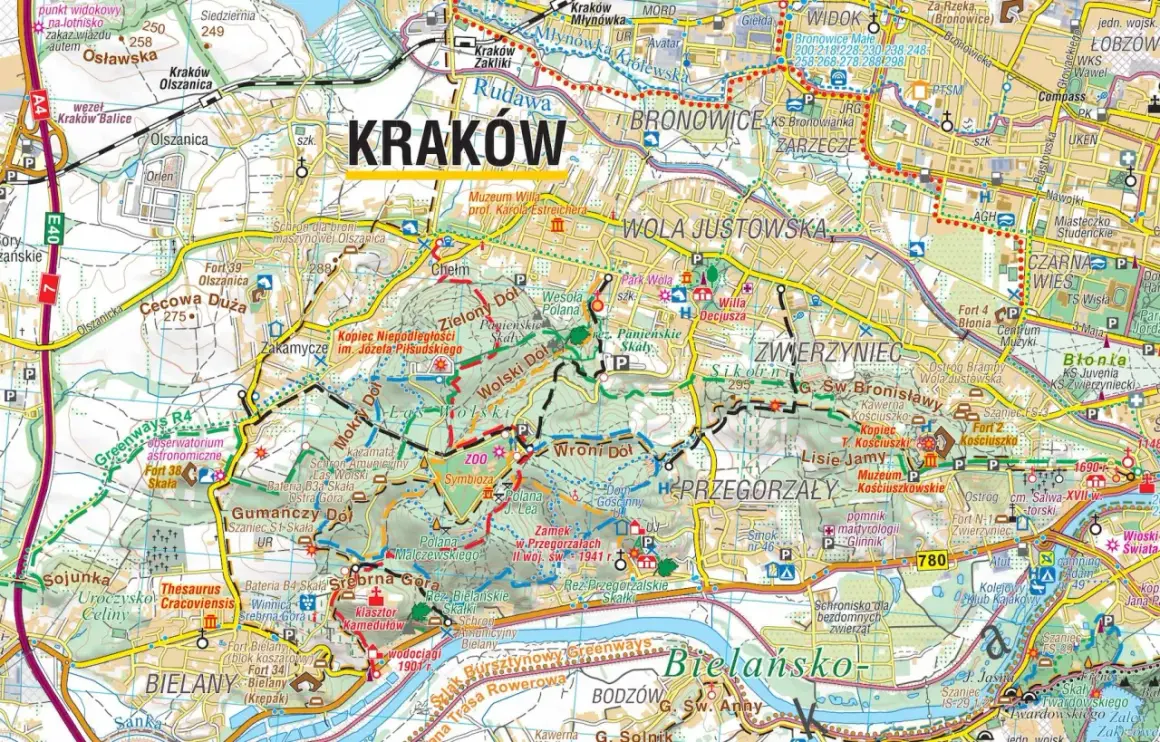 Kraków i okolice atrakcje: mapa z zaznaczonymi fortami, muzeami, parkami i szlakami.