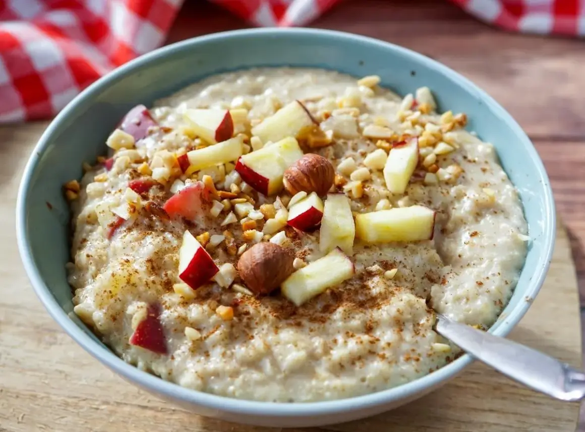 Herzhaftes Porridge-Rezept mit Apfelstücken, Nüssen und Zimt. Ein perfekter Start in den Tag!