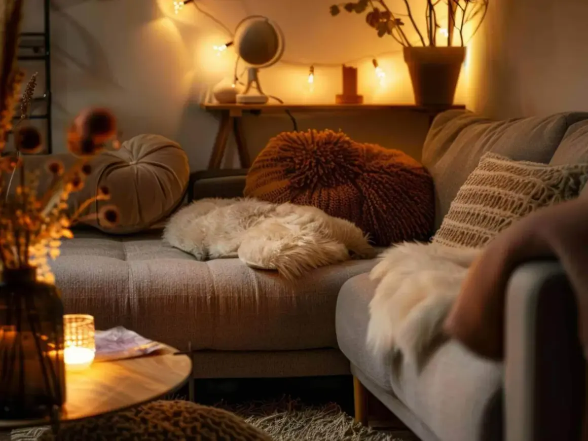 Gemütliches, kleines Schlafzimmer, dunkel und warm beleuchtet. Ein Sofa mit vielen Kissen und Decken lädt zum Entspannen ein.