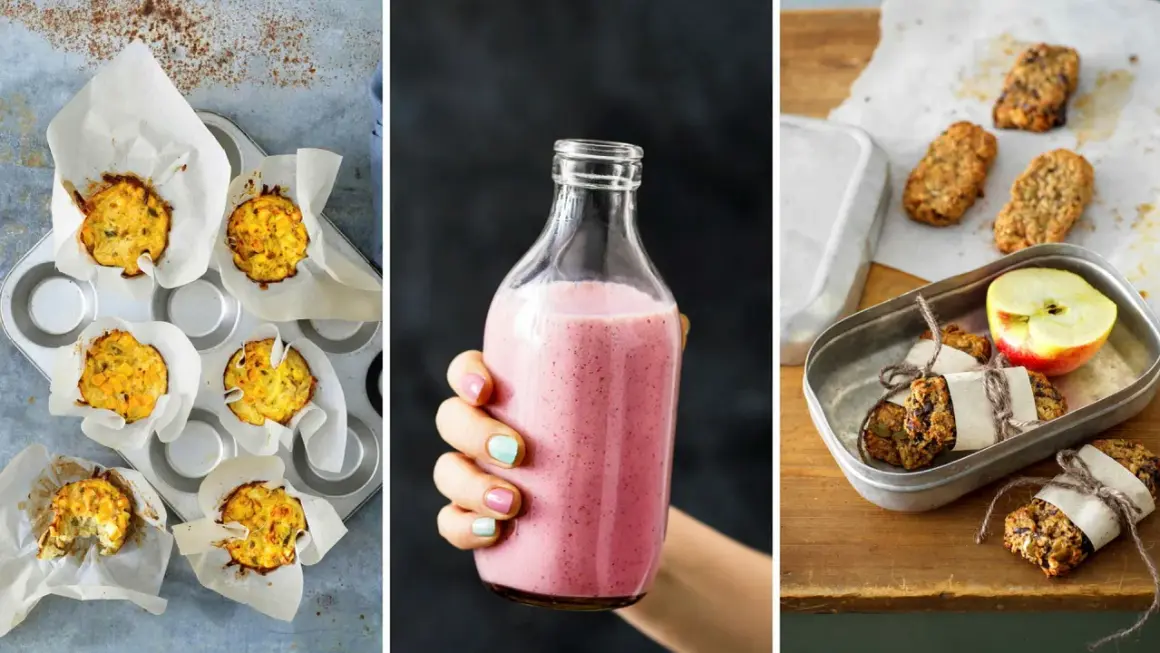 Små muffins, rosa smoothie och hembakade bars med äpple. Perfekta tamarisoja alternativ för en hälsosam fika.