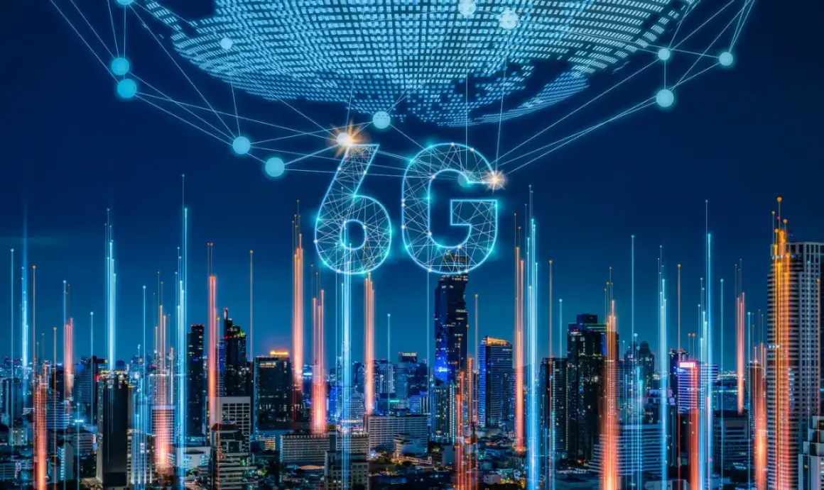 Światowa sieć 6G nad miastem, łącząca drapacze chmur neonowymi liniami.