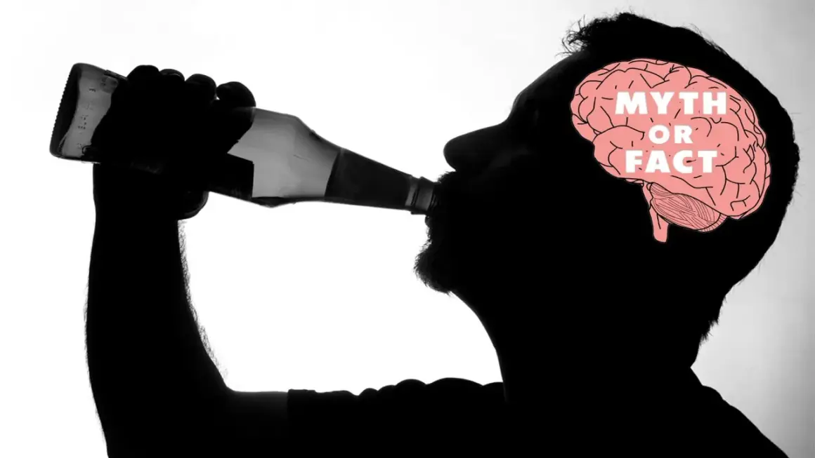 Silhouette di uomo beve da bottiglia, con cervello che mostra "Mito o Fatto". Il fegato ne risente, lasciando una bocca amara.