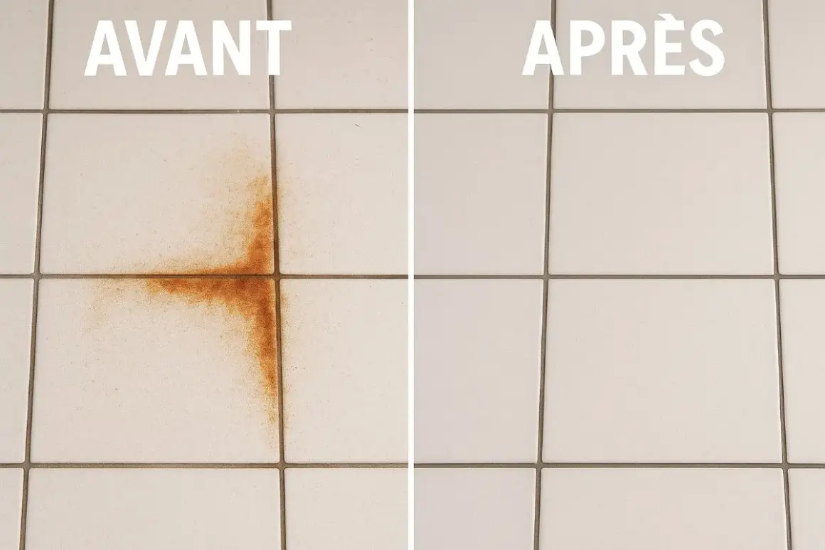 Avant/Après : une tache de rouille tenace sur le carrelage a été enlevée, laissant la surface impeccable.