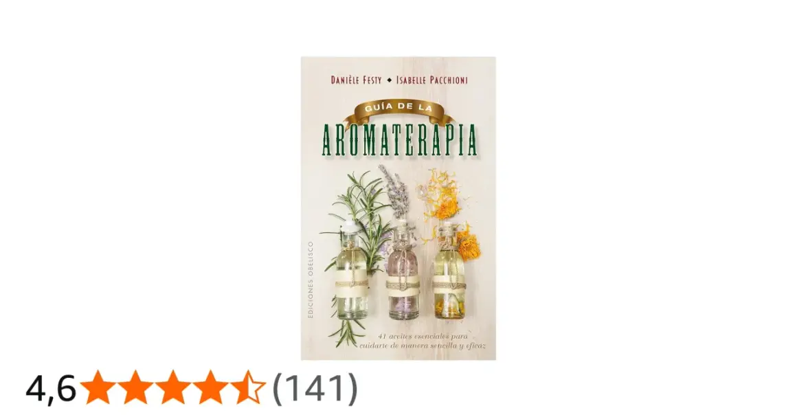 Libro "Guía de la Aromaterapia" con frascos de aceites esenciales y hierbas. Aprende qué son los aceites esenciales y cómo usarlos.