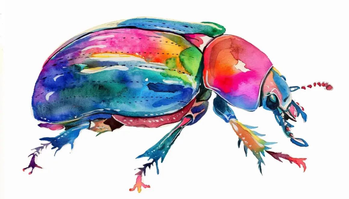 Un escarabajo vibrante y colorido, una obra de arte con dibujos creativos que explotan en un arcoíris de acuarela.