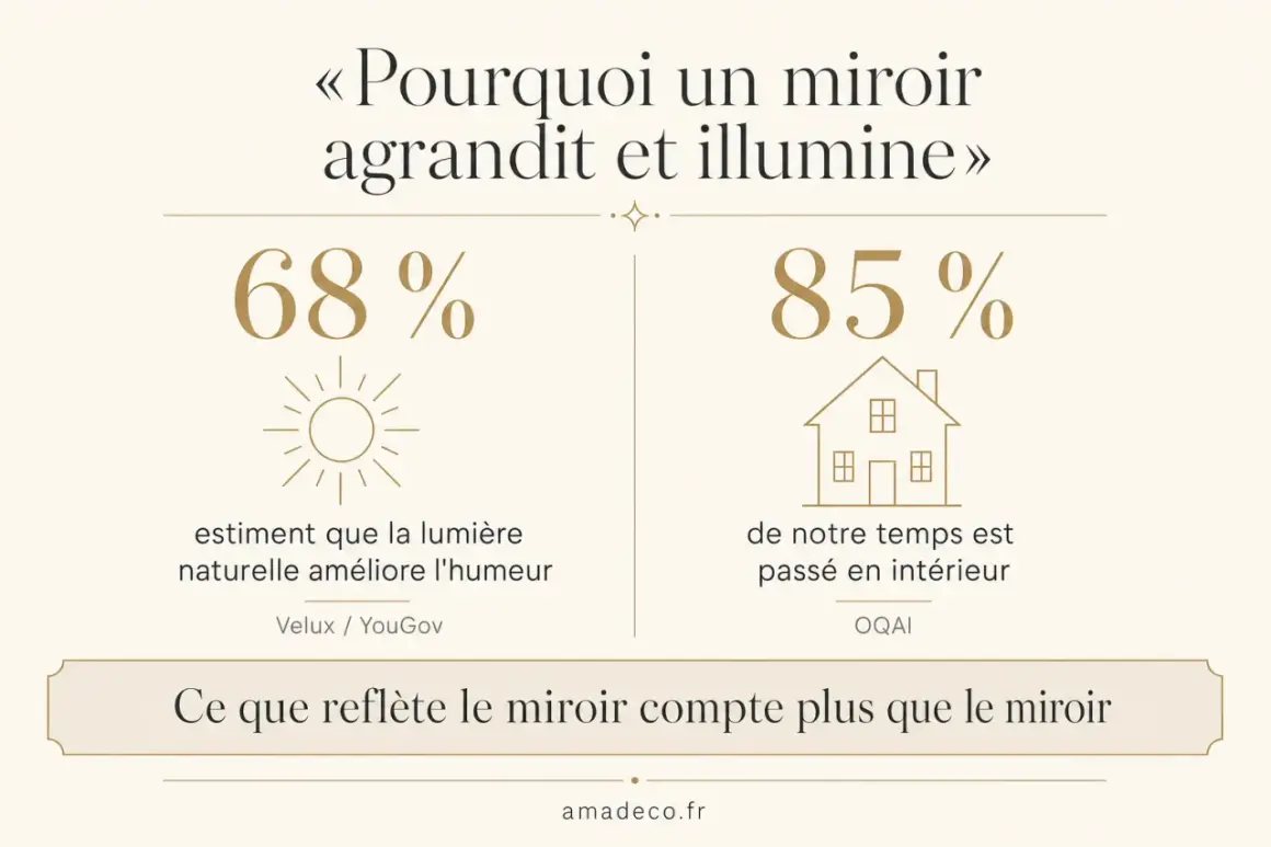 «Pourquoi un miroir agrandit et illumine». 68% estiment que la lumière naturelle améliore l'humeur. 85% de notre temps est passé en intérieur. Ce que reflète le miroir compte plus que le miroir.