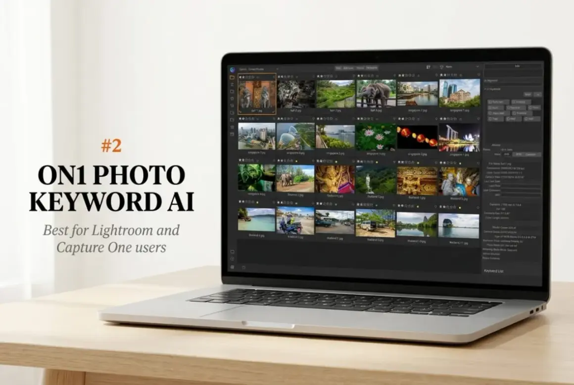 Laptop displaying ON1 Photo Keyword AI, a free AI photo organizer, showcasing a grid of travel photos.