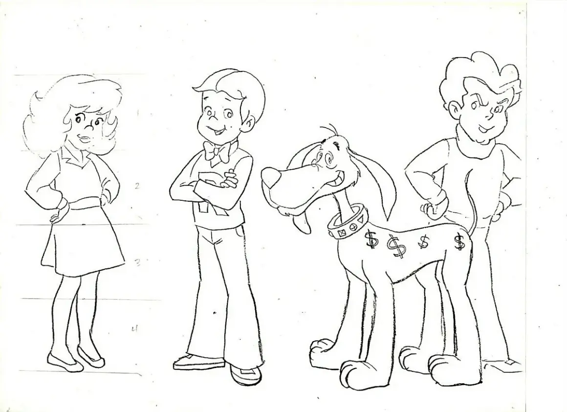 A Richie Rich drawing shows the boy, his girlfriend Gloria, and his dog Dollar, with another boy.