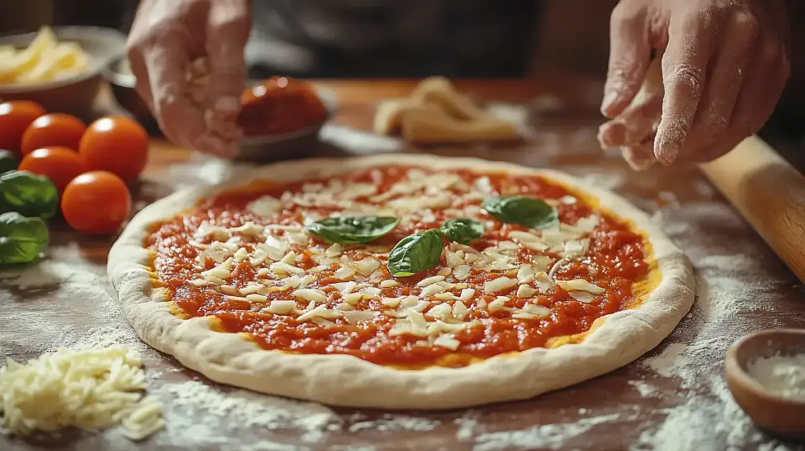 Ręce posypują pizzę serem, pokazując, jak zrobić pizzę krok po kroku. Na stole pomidory, bazylia i mąka.
