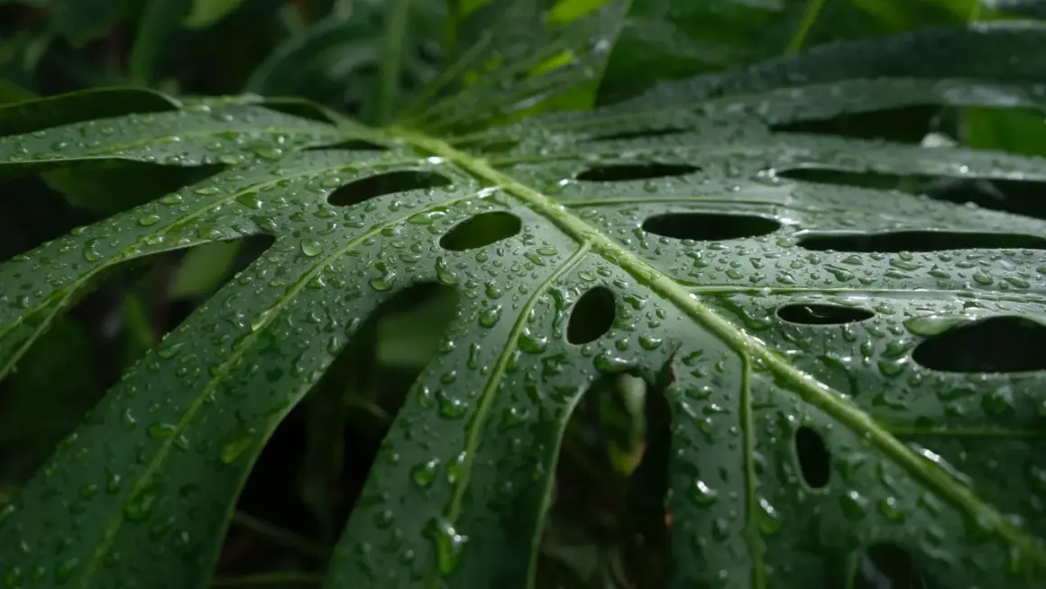 Kiedy monstera płacze, krople deszczu lśnią na jej zielonych, dziurawych liściach, tworząc naturalny, wilgotny obraz.