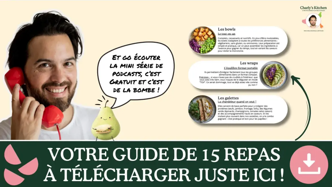 Un homme souriant tient un téléphone rouge. Des illustrations de bols, wraps et galettes suggèrent une alimentation équilibrée. Un guide de repas est à télécharger.