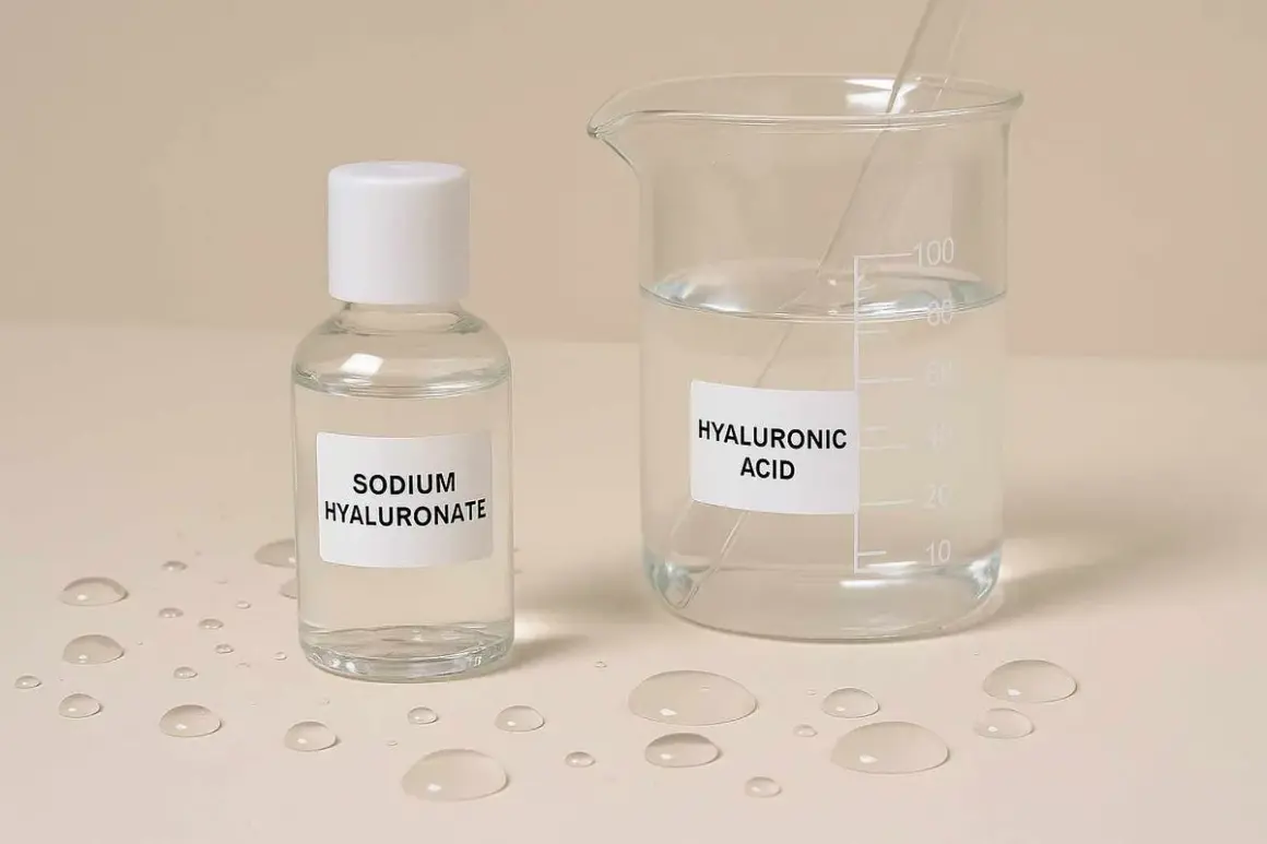 En flaska med sodium hyaluronate bredvid ett mätglas med hyaluronsyra. Vattendroppar ligger utspridda på ytan.