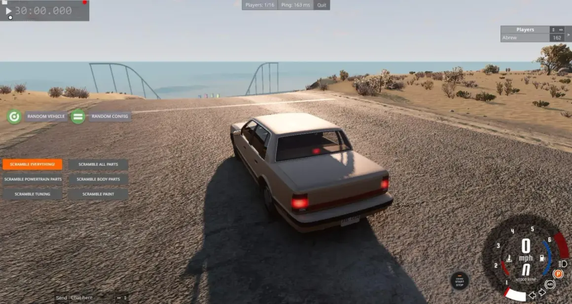 Gra BeamNG.drive na pustynnej mapie, z opcjami "Scramble Everything!" i "Random Vehicle". Sprawdź wymagania gry!