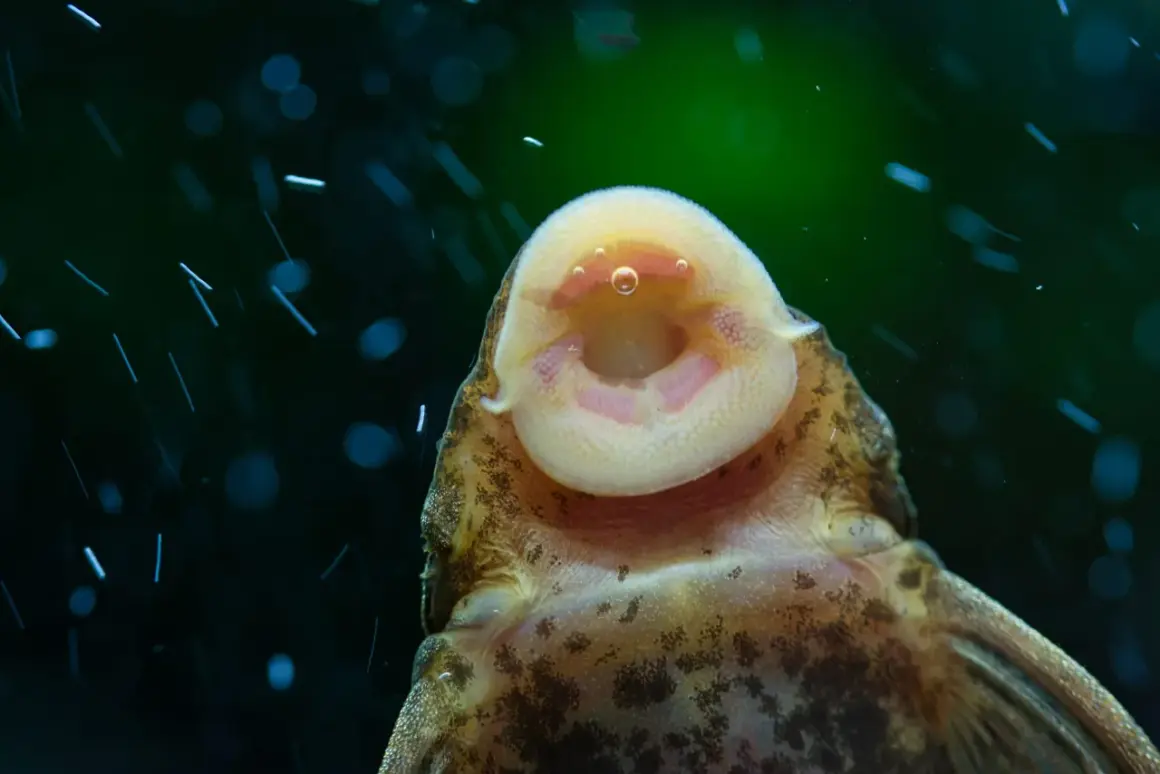 Gros plan sur la bouche d'un poisson nettoyeur, un poisson nettoyeur de bassin extérieur, avec des bulles d'air.