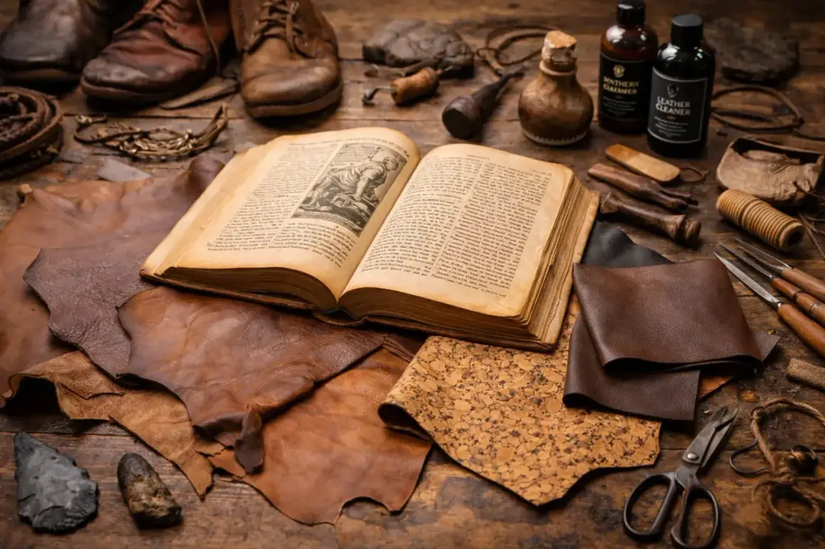 Livre ancien ouvert sur des peaux de cuir, outils et flacons. L'image évoque le tannage, un art ancestral de transformation du cuir.