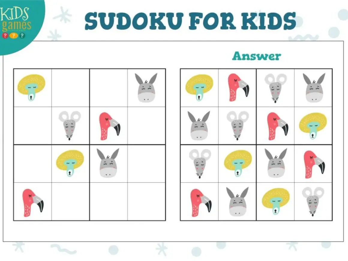 Klocki sudoku z uroczymi zwierzątkami: flaming, myszka, osiołek i słoneczko. Obok rozwiązanie zagadki.