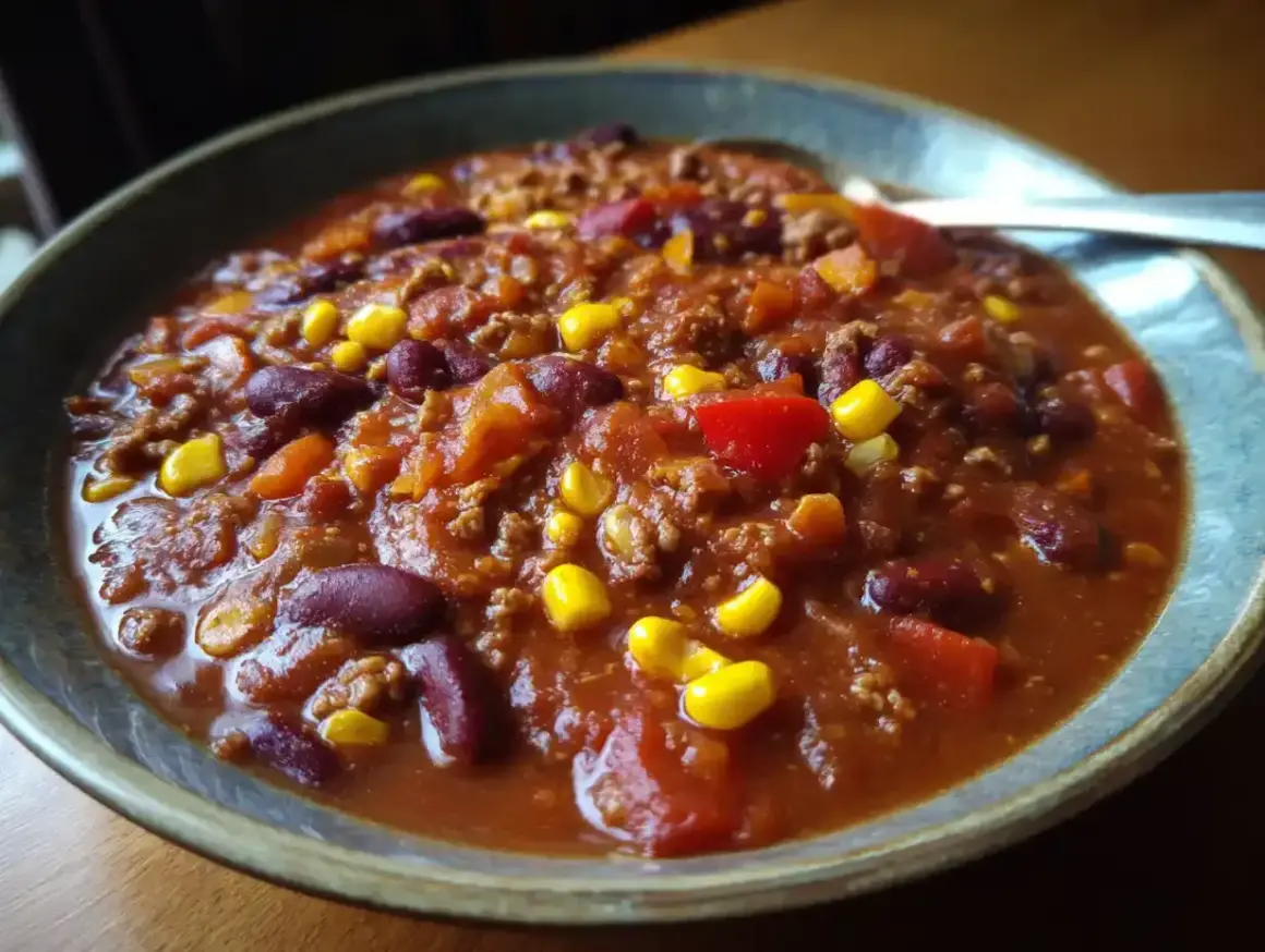 En skål med mustig vegetarisk chili con carne, full av bönor, majs och paprika. Perfekt för en mysig middag.