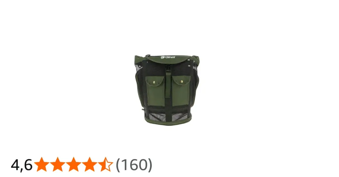 Mochila de malla verde con bolsillos, ideal para recolectar setas.