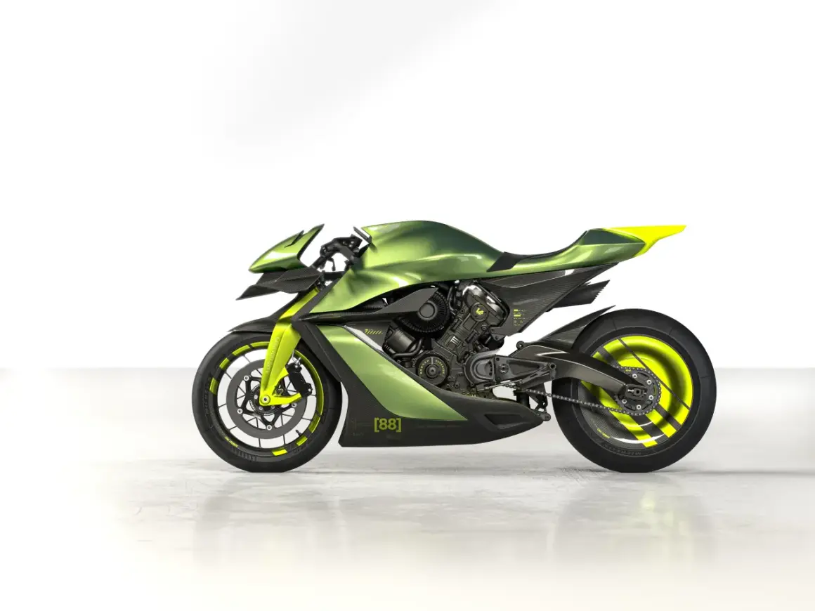 La Aston Martin AMB 001, una moto deportiva futurista en verde metálico y detalles neón, lista para la velocidad.