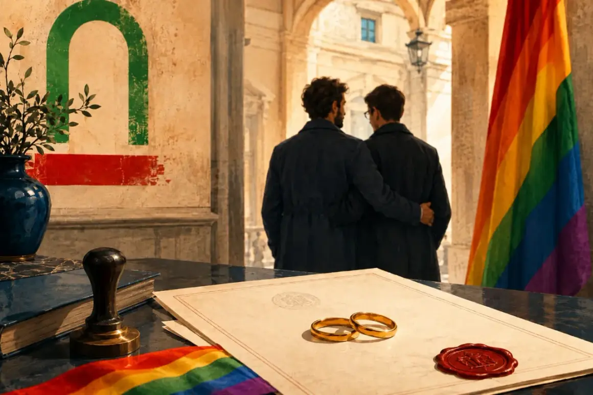 Due uomini si abbracciano, pronti per la loro unione civile o matrimonio. Anelli e bandiera arcobaleno sul tavolo.