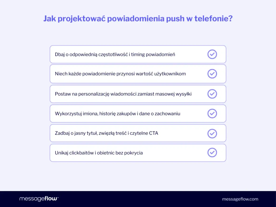 Grafika przedstawia listę wskazówek dotyczących projektowania powiadomień push, z zaznaczonymi elementami.