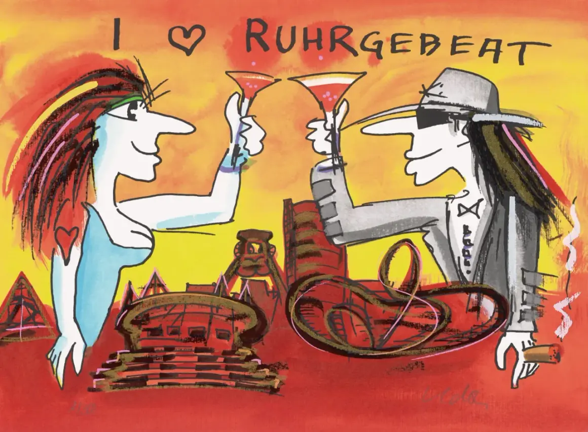 Udo Lindenberg Bilder: Zwei Figuren stoßen mit Cocktails an, im Hintergrund das Ruhrgebiet.