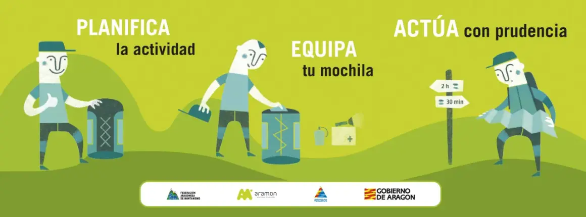 Ilustración que explica qué es el senderismo: planificar, equipar mochila y actuar con prudencia. Personajes y señales de ruta.