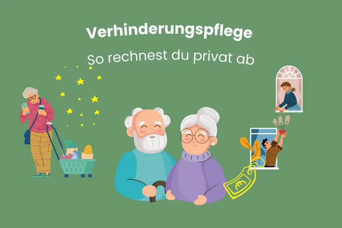 Verhinderungspflege: Ein älteres Paar, eine Frau mit Einkaufswagen und Sterne. Eine Frau am Fenster, ein Mann mit Pflanze und ein Euro-Symbol.