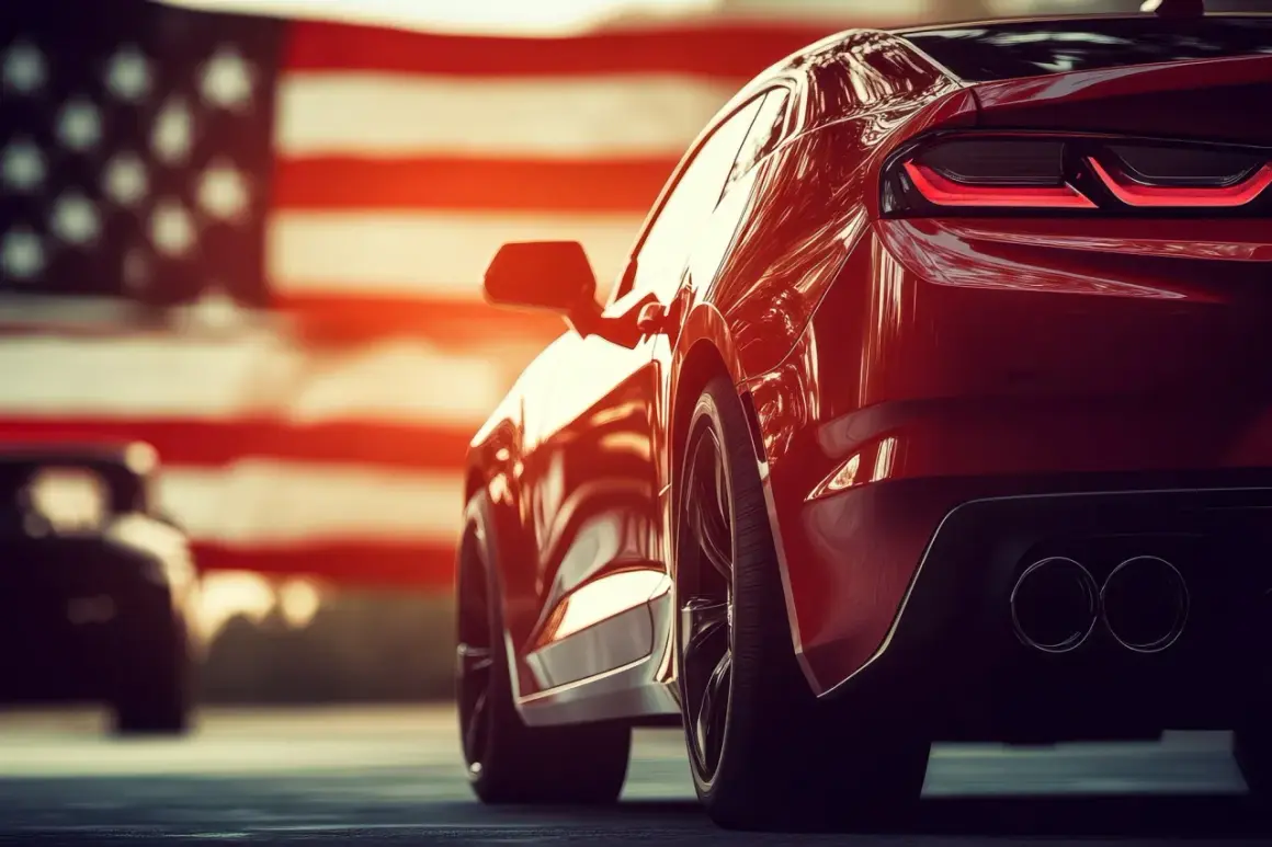 Błyszczący, czerwony samochód sportowy, symbol amerykańskich samochodów, na tle flagi USA.