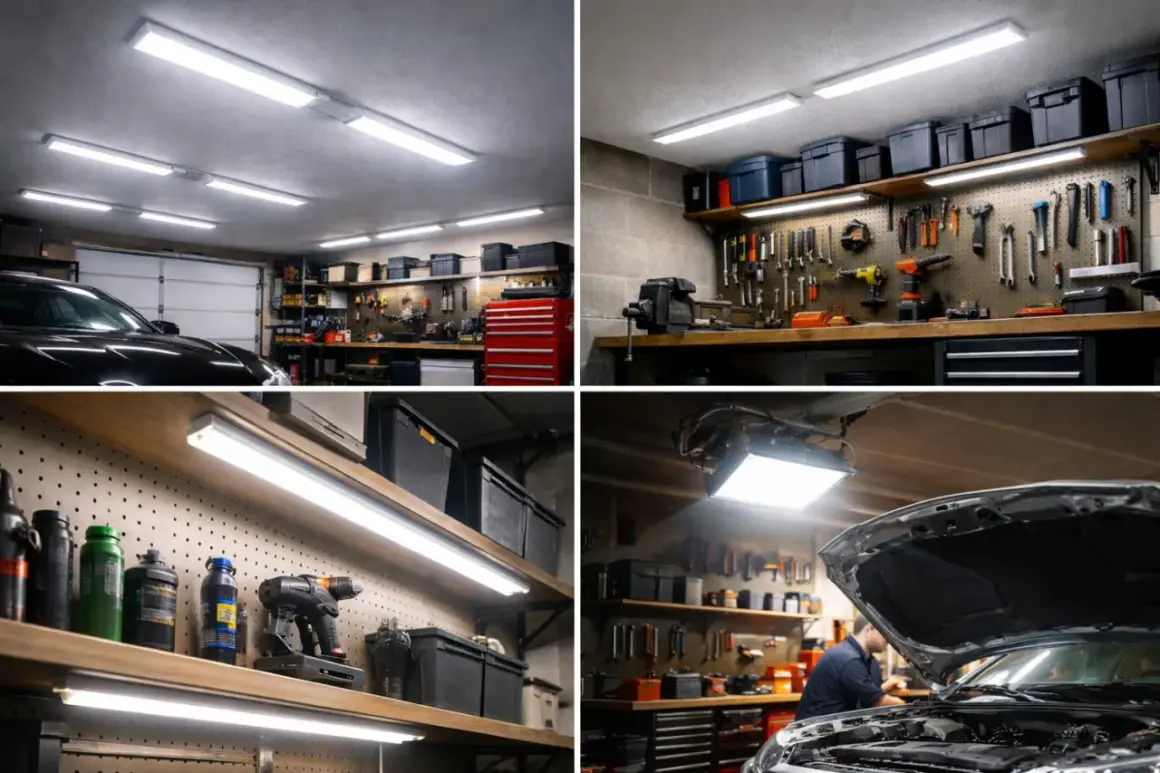Jasne, oto opis:

Jasne, nowoczesne oświetlenie garażu bez prądu. Długie, białe lampy LED zamontowane na suficie i półkach zapewniają doskonałą widoczność. Widać narzędzia, samochód i skrzynki.